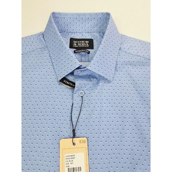 Scotch & Soda Amsterdam Sz 16.5/42 Mens Modern Fit Stretch Blue Polka Dots Shirt - Picture 12 of 12